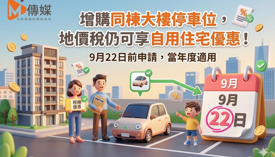 增購同棟大樓停車位，地價稅仍可享自用住宅優惠！9月22日前申請，當年度適用