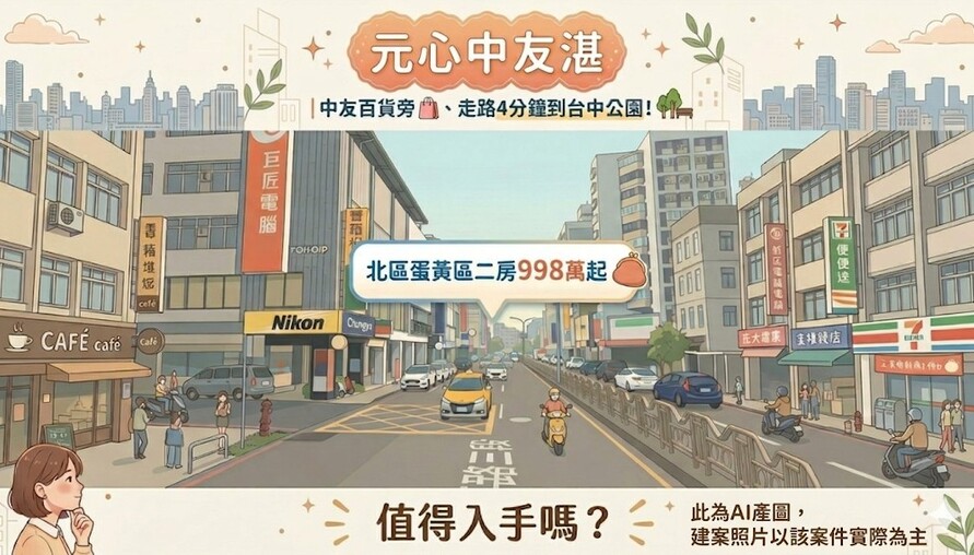 元心中友湛｜中友百貨旁、走路4分鐘到台中公園！北區蛋黃區二房998萬起，值得入手嗎？