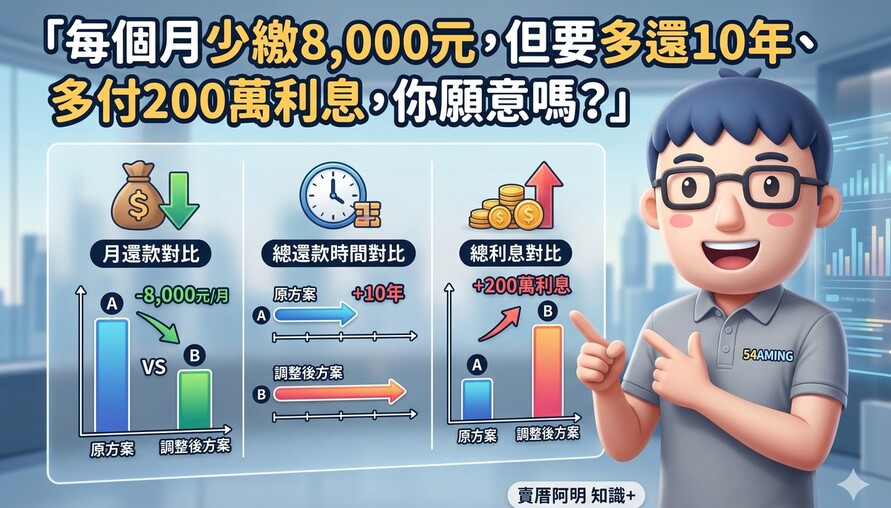 「每個月少繳8,000元，但要多還10年、多付200萬利息，你願意嗎？」