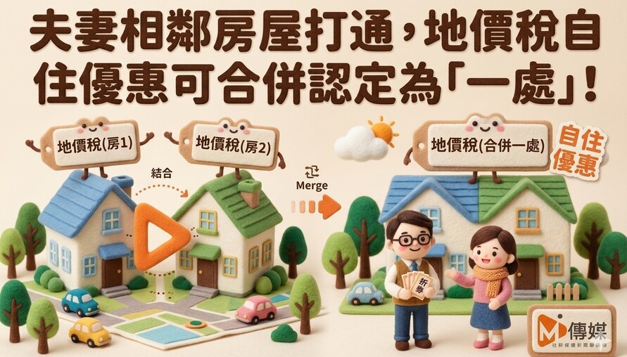 夫妻相鄰房屋打通，地價稅自住優惠可合併認定為「一處」！