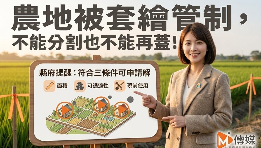 農地被套繪管制，不能分割也不能再蓋！縣府提醒：符合三條件可申請解除