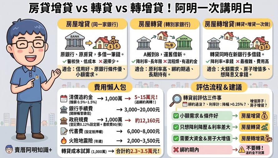房貸增貸 vs 轉貸 vs 轉增貸！3種方式優缺點、費用一次看懂