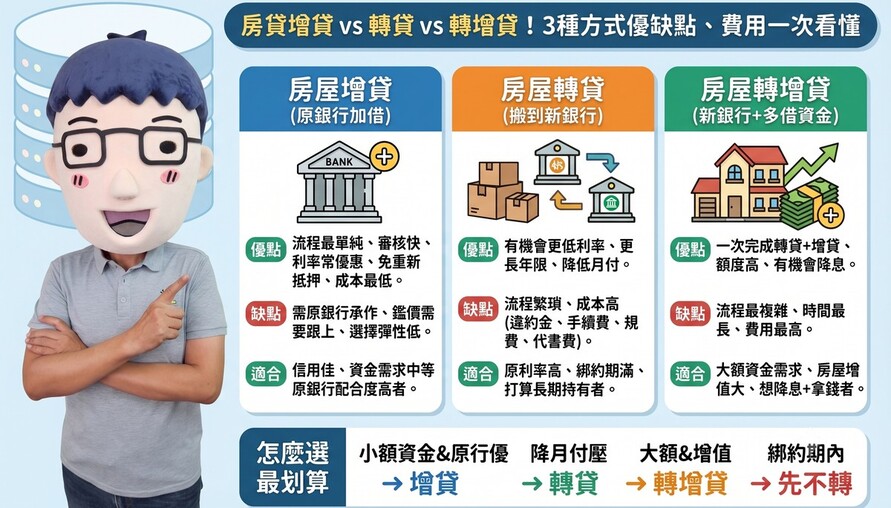 房貸增貸 vs 轉貸 vs 轉增貸！3種方式優缺點、費用一次看懂