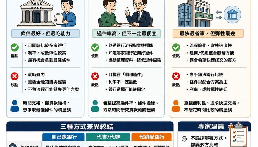 貸款自己跑 vs 仲介代書 vs 代銷配銀行，哪個比較好？