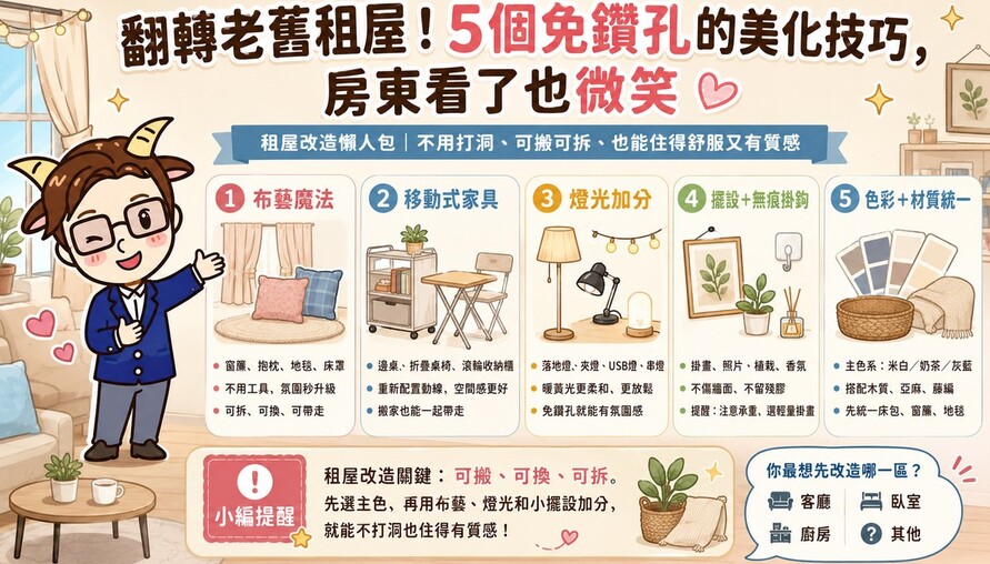 翻轉老舊租屋！5個免鑽孔的美化技巧，房東看了也微笑