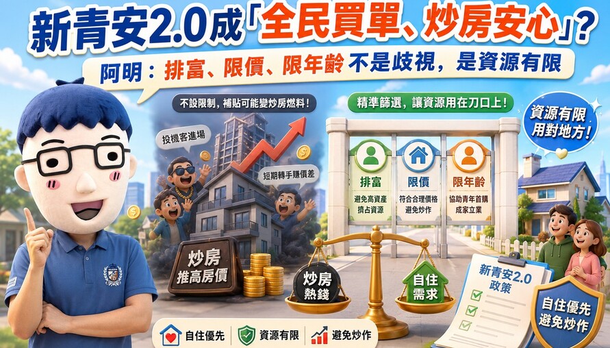 新青安2.0恐成「全民買單、炒房安心」？阿明：排富、限價、限年齡不是歧視，是資源有限