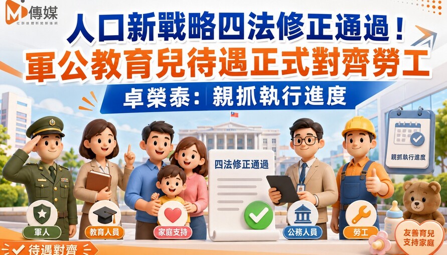 人口新戰略四法修正通過！軍公教育兒待遇正式對齊勞工 卓榮泰：親抓執行進度