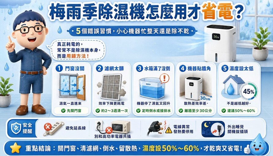 梅雨季除濕機怎麼用才省電？五個錯誤習慣，小心機器忙整天還是除不乾