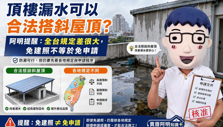頂樓漏水可以合法搭斜屋頂？阿明提醒：全台規定差很大，免建照不等於免申請