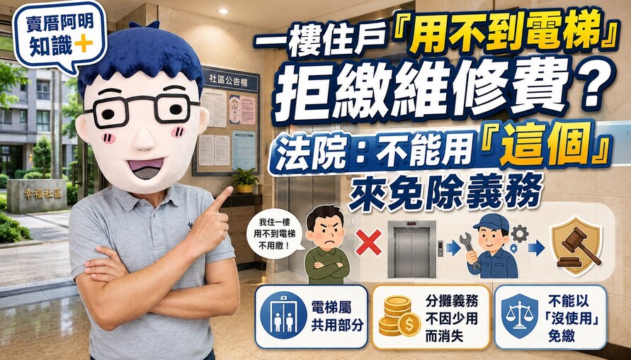 一樓住戶「用不到電梯」拒繳維修費？法院判決：不能用「放棄權利」來免除義務
