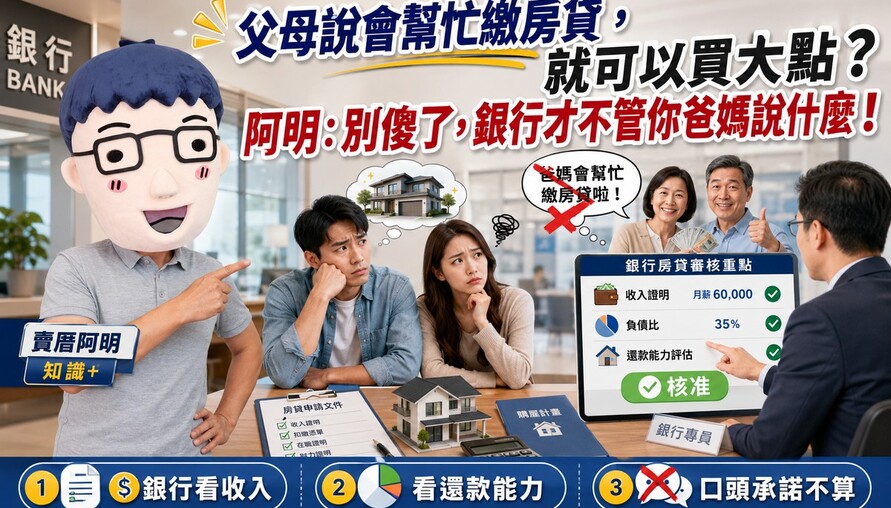父母說會幫忙繳房貸，就可以買大一點？阿明：別傻了，銀行才不管你爸媽說什麼！