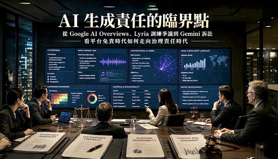 【AI 生成責任的臨界點】從平台免責時代走向治理責任時代 從 Google AI Overviews、Lyria 訓練爭議到 Gemini 訴訟，看生成式 AI 如何瓦解平台免責傳統，並提出企業必須建立的 AI 治理門控與董事會責任框架