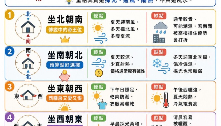 長輩堅持「坐北朝南」，年輕人卻愛「朝北」？一張表看懂四大坐向優缺點