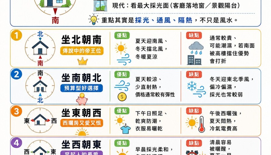 長輩堅持「坐北朝南」，年輕人卻愛「朝北」？一張表看懂四大坐向優缺點