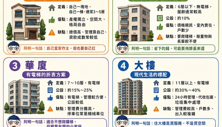 台灣人都住什麼房子？賣厝阿明一張表幫你搞懂：透天、公寓、華廈、大樓，哪一種最適合你？