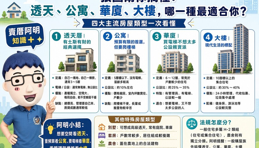 一張圖幫你搞懂：透天、公寓、華廈、大樓，哪一種最適合你？