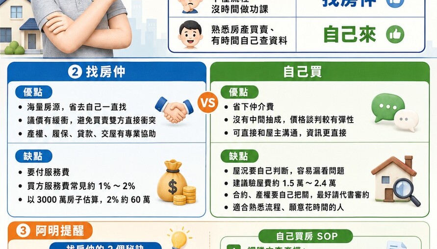 找房仲還是自己買？阿明懶人包：一張表看懂哪種最適合你
