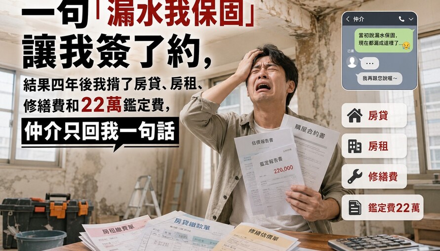 一句「漏水我保固」讓我簽了約，結果四年後我揹了房貸、房租、修繕費和22萬鑑定費，仲介只回我一句話