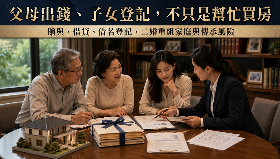 【 父母出錢子女登記不只是幫忙買房】贈與、借貸、借名登記、二婚重組家庭與傳承風險