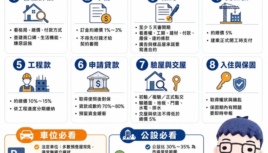 買預售屋完整流程懶人包！從看屋到交屋，8步驟一次搞懂（含車位與公設注意事項）