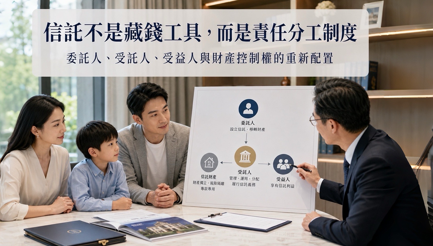 【 信託不是藏錢工具而是責任分工制度 】委託人、受託人、受益人與財產控制權的重新配置