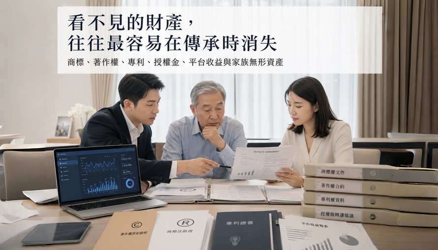 【 看不見的財產，往往最容易在傳承時消失 】商標、著作權、專利、授權金、平台收益與家族無形資產