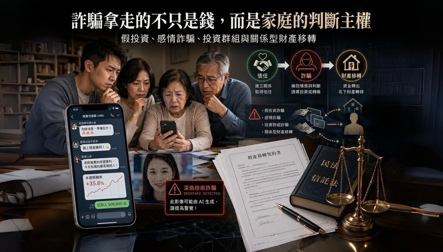【 詐騙拿走的不只是錢，而是家庭的判斷主權 】假投資、假冒身分、情感操控與家庭決策防線