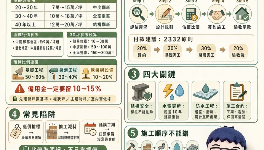 老屋翻新懶人包｜預算怎麼抓？施工順序、合約與驗收一次看懂