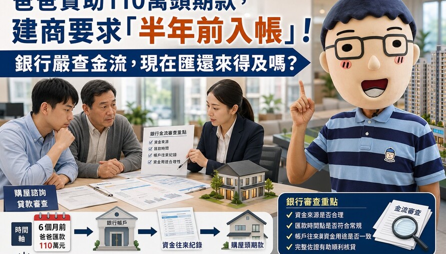 爸爸贊助110萬頭期款，建商要求「半年前入帳」！銀行嚴查金流，現在匯還來得及嗎？