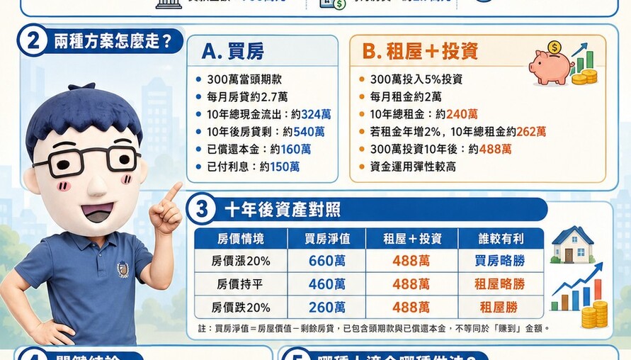 頭期款300萬買房 vs 拿利息付房租 十年後誰贏？算給你看！