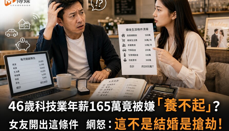 46歲科技業年薪165萬竟被嫌「養不起」？女友開出這條件 網怒：這不是結婚是搶劫！