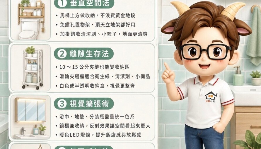 小宅浴室只有1坪？別急著找工班！4招軟裝魔法，不敲牆也能讓浴室變大變美！