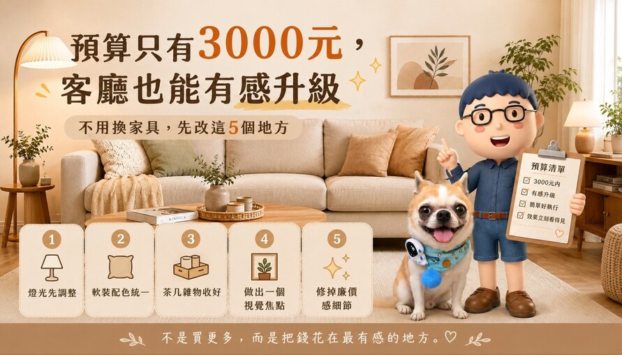 預算只有3000元，客廳也能有感升級！不用換家具，先改這5個地方