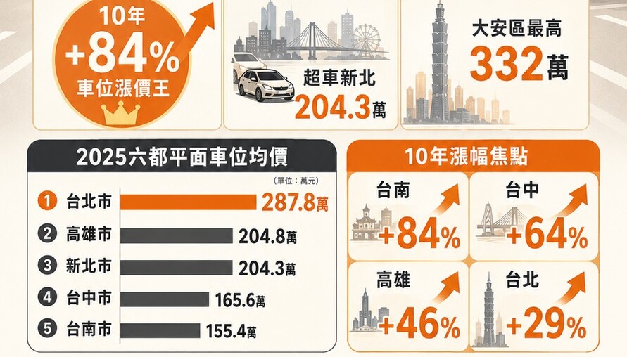 比房價還瘋！六都車位「台南狂漲84%」稱霸 高雄超車新北「一格破200萬」