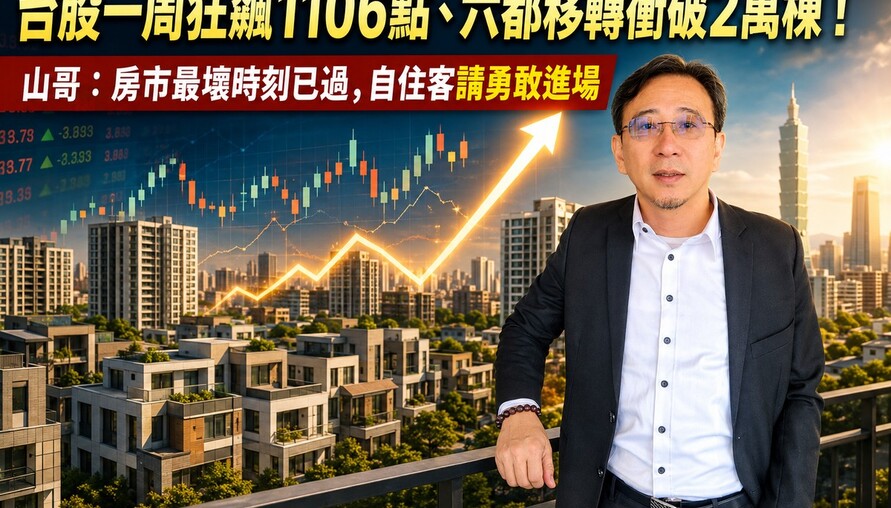 台股一周狂飆1106點、六都移轉衝破2萬棟！山哥：房市最壞時刻已過，自住客請勇敢進場