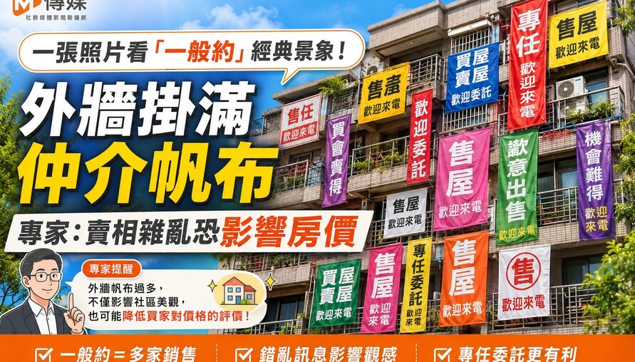 一張照片看「一般約」經典景象！外牆掛滿仲介帆布 專家：賣相雜亂恐影響房價