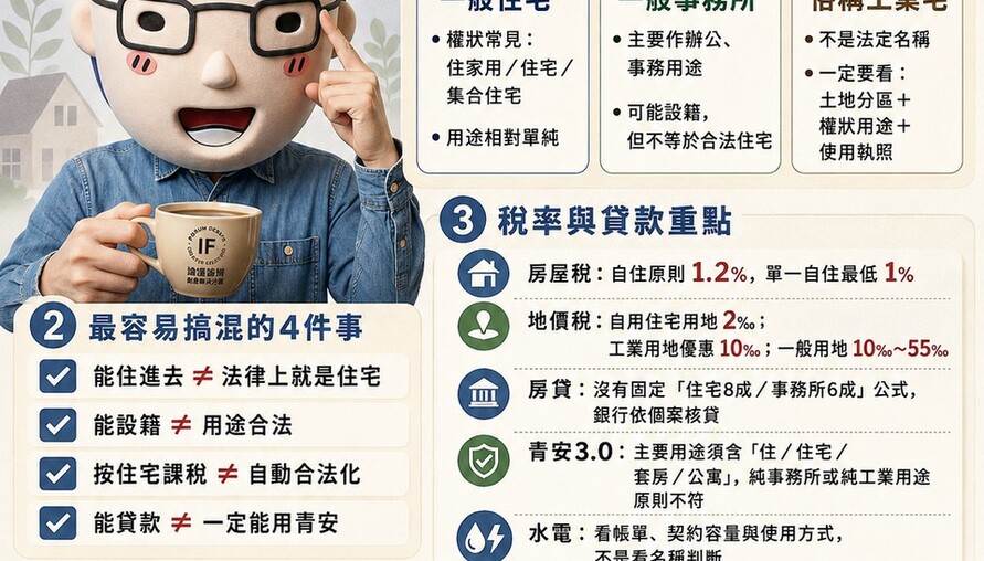一般住宅、事務所、工業宅差在哪？設籍、房貸、稅率、水電一次懂　買房先查這5件事