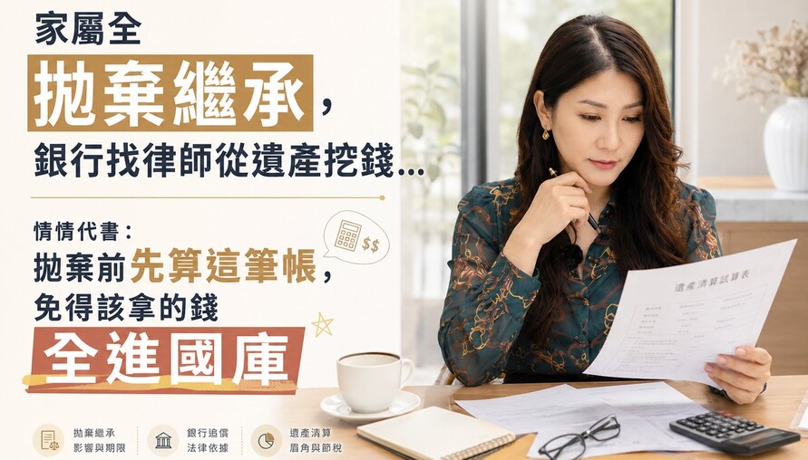 家屬全拋棄繼承，銀行找律師從遺產挖錢…情情代書：拋棄前先算這筆帳，免得該拿的錢全進國庫