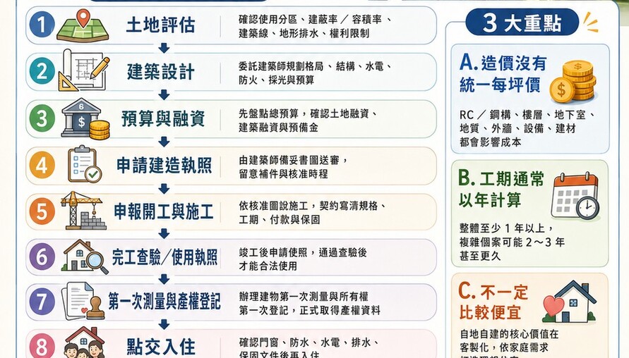自地自建懶人包》從土地評估到取得權狀8步驟　成本、貸款、建照一次看懂