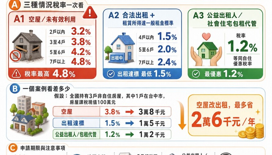 囤房稅2.0重稅開徵！六都非自住稅率最高4.8% 台中稅務局教「一招」：空屋變出租，一年省2.6萬