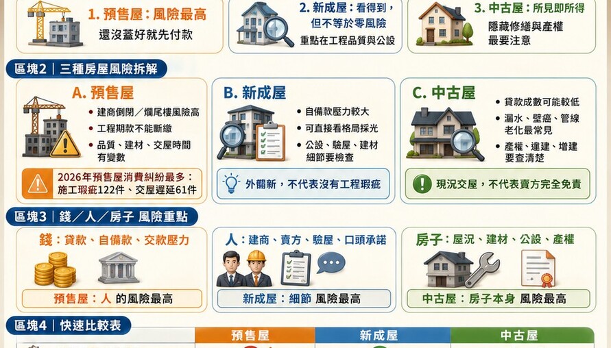 買房風險懶人包》預售屋、新成屋、中古屋哪個適合你？阿明幫你拆解三大風險，買房不踩雷