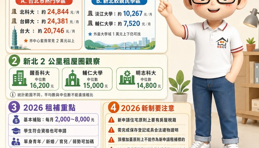 開學租屋先看行情！雙北大學周邊套房月租最高破2.4萬　2026租補最高基本額8千元