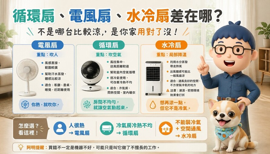 循環扇、電風扇、水冷扇差在哪？功能、優缺點與適合使用方式一次看懂