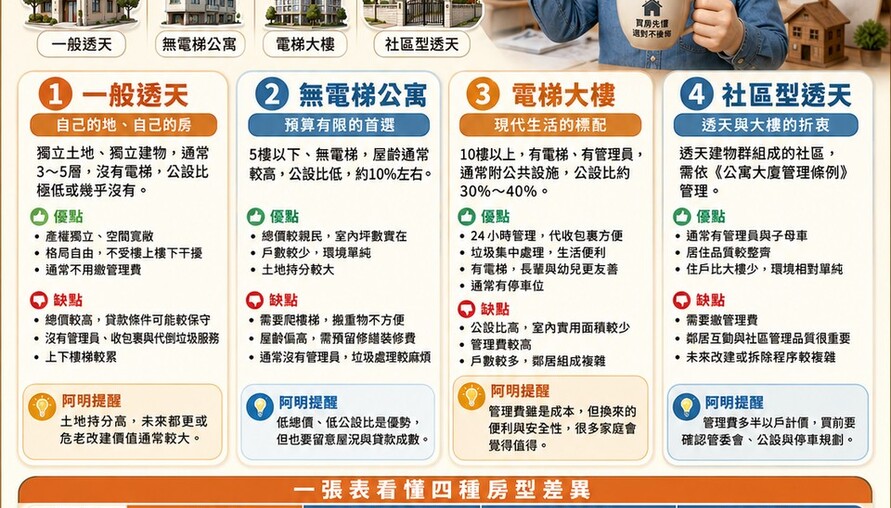透天、公寓、電梯大樓、社區透天 阿明一張表幫你搞懂差異！買房先看這篇
