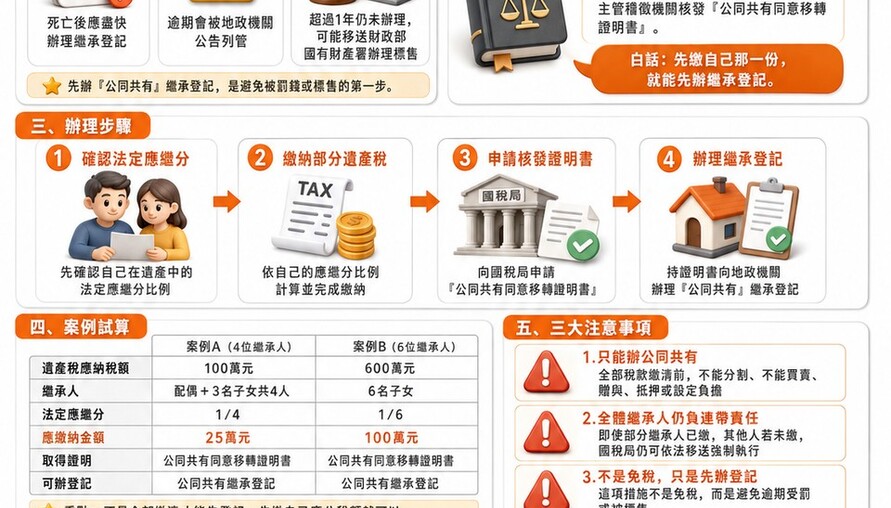 遺產稅沒繳清也能辦繼承！「部分繳納」先辦公同共有，不怕被罰錢