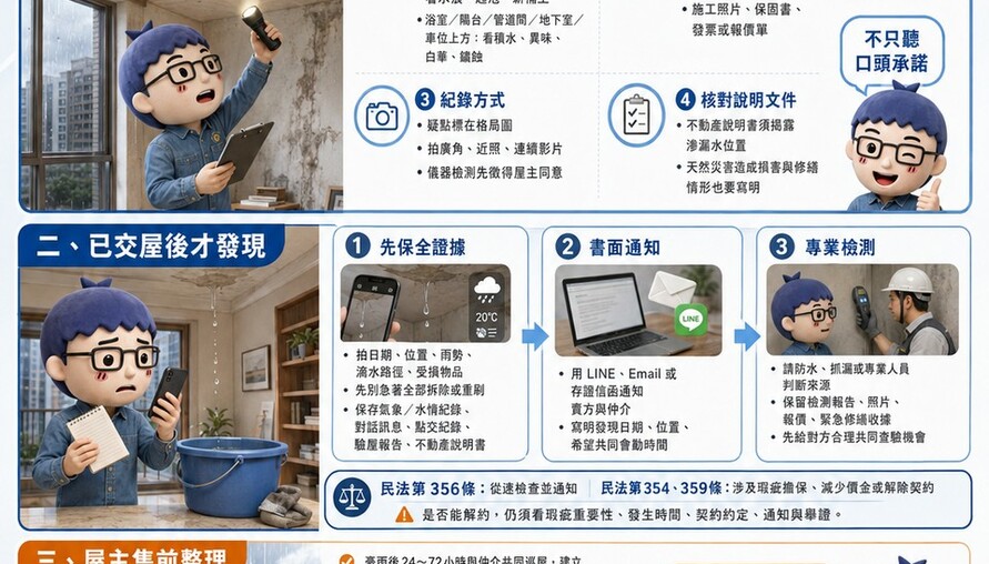 豪雨後看屋與交屋 懶人包》漏水、壁癌、白華⋯⋯一次搞懂買方怎麼查、賣方怎麼修、交屋後怎麼求償