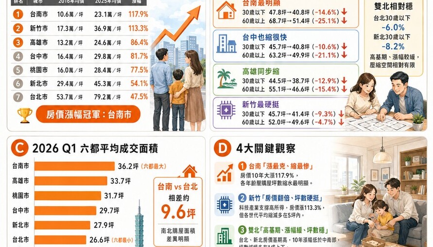 六都及新竹十年房價與購屋坪數變化（2016-2025）