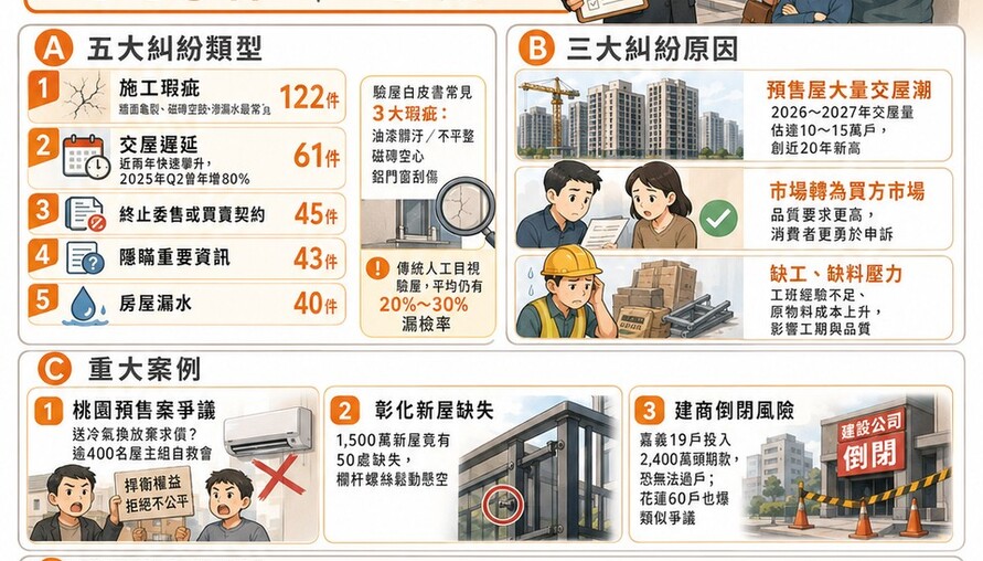 交屋糾紛懶人包》2026年首季617件創新高！施工瑕疵、交屋延遲成最大痛點