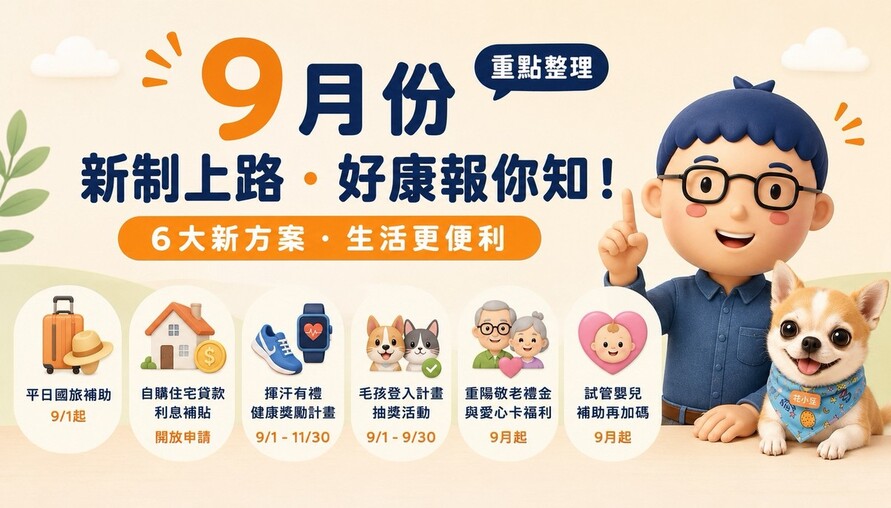 9月新制上路！國旅、房貸、運動、毛孩到試管補助，6項生活方案一次看