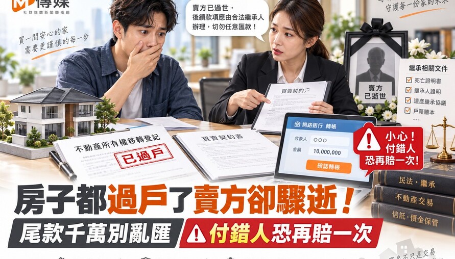 房子都過戶了賣方卻驟逝！尾款千萬別亂匯　付錯人恐再賠一次